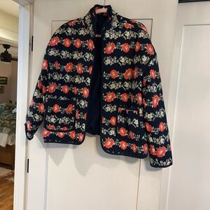 FA Navy Quilted Jacket with Red Floral Print